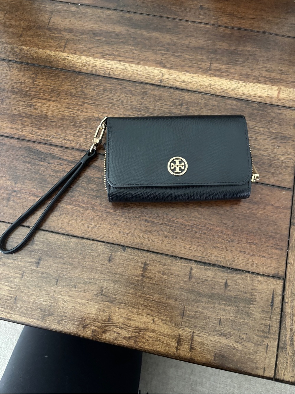 Tory Burch Black Leather Wristlet with Gold Logo